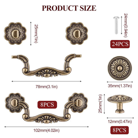 Mix And Match Vintage Floral Cabinet Knobs Pull Handles Antique Bronze Drawer Hardware Kit For Cupboards And Wardrobes With Classic European Embossed Rustic Design, size chart