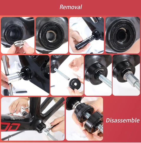 Bicycle bearing press and puller kit in black metal; BB removal compatible with BB73 BB86 BB30 BB91 BB92 PF30.
