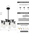 Diagram of Six Light Matte Black Modern Farmhouse Chandelier With Clear Glass Shades Adjustable Hanging Industrial Pendant Lighting.