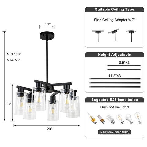 Diagram of Six Light Matte Black Modern Farmhouse Chandelier With Clear Glass Shades Adjustable Hanging Industrial Pendant Lighting.