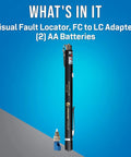 VFL 150 Visual Fault Locator With FC to LC Adapter, 650 nm Laser Diode, pen style, shown with adapter and batteries