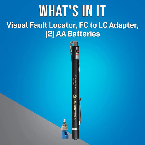 VFL 150 Visual Fault Locator With FC to LC Adapter, 650 nm Laser Diode, pen style, shown with adapter and batteries