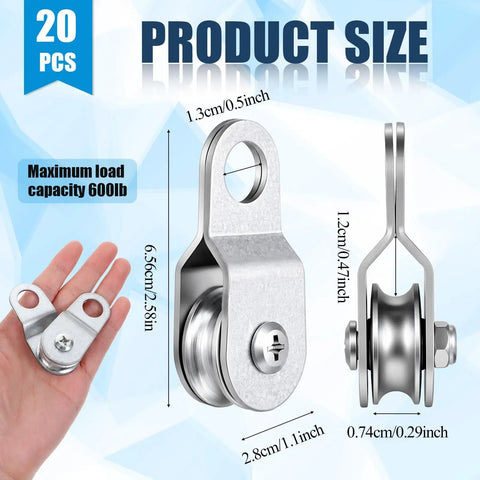 Open Pulley System Snatch Block With Bearing for Smooth Rope Feeding Set of 20 Small Single Pulleys Quiet Operation Great for DIY Lifting Rigging Clotheslines and Light Hauling, 6.5cm metal