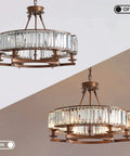 On-off view of Six Light Vintage Round Crystal Chandelier with Farmhouse Wagon Wheel Vibe, 26 inch rustic glam chandelier.