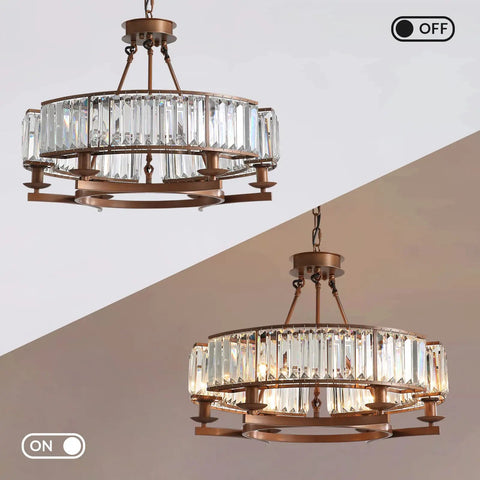 On-off view of Six Light Vintage Round Crystal Chandelier with Farmhouse Wagon Wheel Vibe, 26 inch rustic glam chandelier.