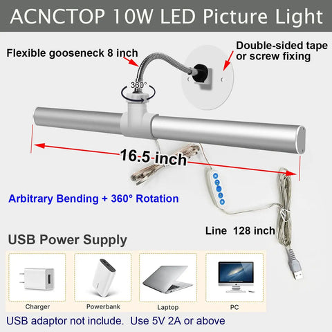 Dimmable Picture Light For Artwork 3200K To 6500K, 10 Watt USB Powered LED Display Light with 16.5in adjustable head and 128in cord