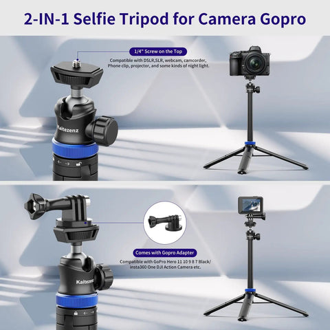 62 Inch Extendable Selfie Stick Tripod For GoPro And Osmo Pocket 3 With 360 Degree Ball Head and 1/4 Inch Screw on display