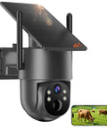No Fuss Off Grid 4G LTE Cellular Wireless Security Camera For Remote Cabins Ranches And Pastures showing solar panel and live feed on phone.