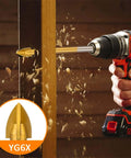 Cordless drill in use with 1/4-inch titanium-coated masonry bit drilling into wood; YG6X badge.