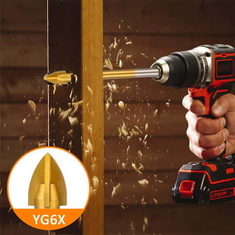Cordless drill in use with 1/4-inch titanium-coated masonry bit drilling into wood; YG6X badge.
