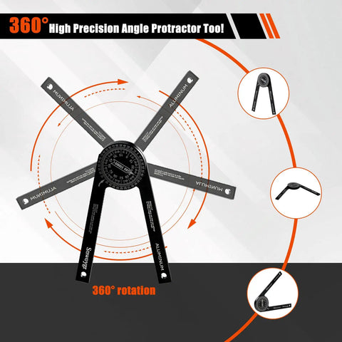 Seven Inch Aluminum Miter Saw Protractor With Sick Accuracy And Bonus Adjustment Wrench Built Tough For Straight Cuts shown with 360° rotation feature.
