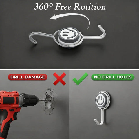 Six Piece Heavy Duty Magnetic Hooks With Smooth Swivel Action And Fresh Smiley Vibe For Keeping Your Fridge Locker Or Garage Slick While Hauling Heavy Gear At 60 Lbs showing 360-degree rotation feature.