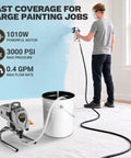 Pro Grade Electric Airless Paint Sprayer 1010W Motor 3000 PSI in use painting a wall, showcasing smooth finish and hose system.