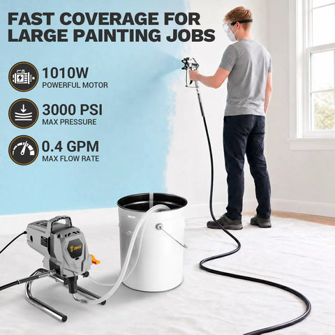 Pro Grade Electric Airless Paint Sprayer 1010W Motor 3000 PSI in use painting a wall, showcasing smooth finish and hose system.