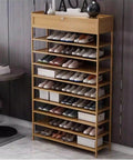 10 Tier Vertical Shoe Rack With Top Storage Box For Closets Narrow Profile saves serious floor space with stacked shoe storage.