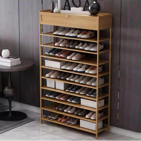 Ten Tier Stackable Shoe Rack With Top Storage Bin Vertical Narrow Shoe Organizer For Entryway Closet lightweight wood construction with shoes organized.