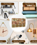 140 Piece Heavy Duty Metal Drywall Anchors And Screws Kit Featuring Foolproof Drill Free Installation For Tough As Nails Wall Mounting Decor Mirrors And Pegboards displayed with floating shelf, clock, and sconce.