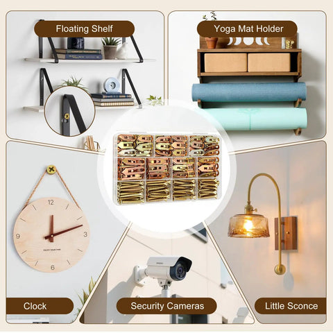 140 Piece Heavy Duty Metal Drywall Anchors And Screws Kit Featuring Foolproof Drill Free Installation For Tough As Nails Wall Mounting Decor Mirrors And Pegboards displayed with floating shelf, clock, and sconce.