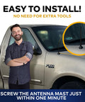 Ford F-150 1997-2004 6.34 Inch Short Antenna Mast displayed on truck, easy installation shown, man standing beside car