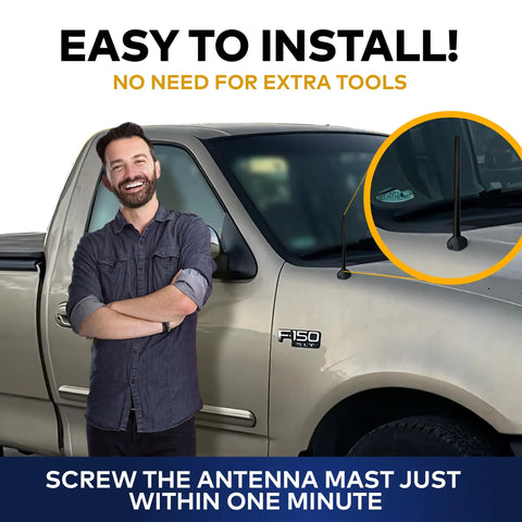 Ford F-150 1997-2004 6.34 Inch Short Antenna Mast displayed on truck, easy installation shown, man standing beside car