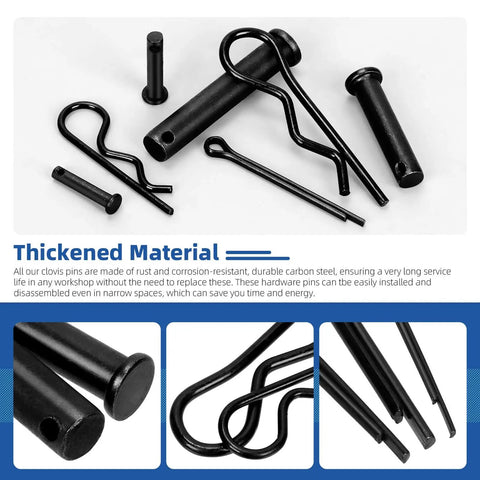 All Purpose Clevis Pin Kit With Cotter Pins And R Clips In 11 Sizes, 67 Piece Set Black Finish for hardware use