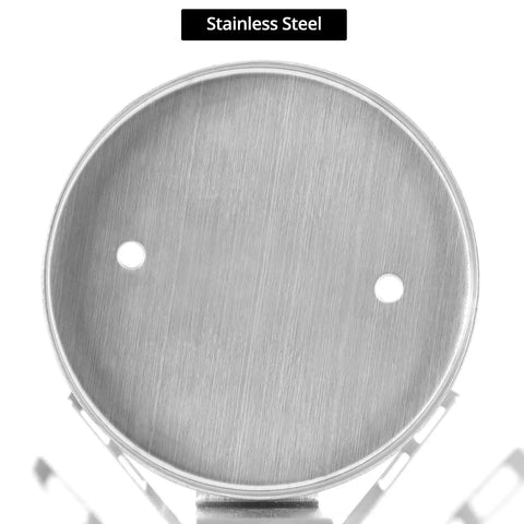 Front view of Two Pack Stainless Steel Fire Extinguisher Brackets, 5.5 Inch Diameter For 5 Pound Extinguishers, round base.