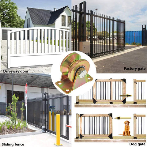 2 Inch V-Groove Wheel Sliding Gate Caster Set For Inverted V-Track And Rolling Gates, shown with various installed gate examples