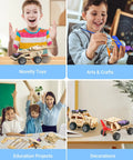 Five In One STEM Car Kit Set For Kids Ages 8 To 12 Wooden 3D Puzzle Model Cars hands-on fun activities shown in four images