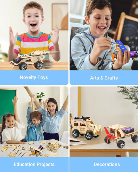 Five In One STEM Car Kit Set For Kids Ages 8 To 12 Wooden 3D Puzzle Model Cars hands-on fun activities shown in four images
