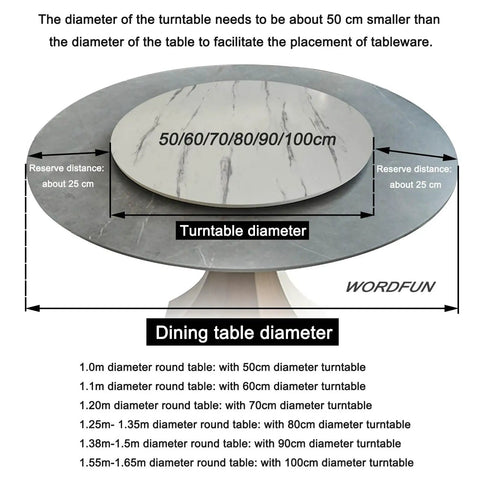 Kick Up Your Hosting Game With This 39 Inch Round Wooden Lazy Susan Rotating Serving Tray Featuring Smooth 360 Degree Turntable Spin And Protective Non Slip Pads For Dining Tables Banquets And Weddings, showing turntable diameter and dining table size recommendations.