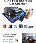 Retractable Car Charger 84W USB C Fast Charge For 12V Cigarette Lighter Sockets 4 In 1 with multiple device compatibility.