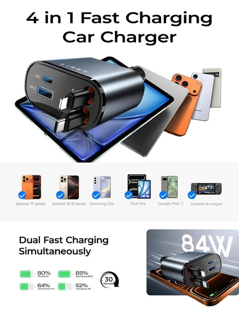 Retractable Car Charger 84W USB C Fast Charge For 12V Cigarette Lighter Sockets 4 In 1 with multiple device compatibility.
