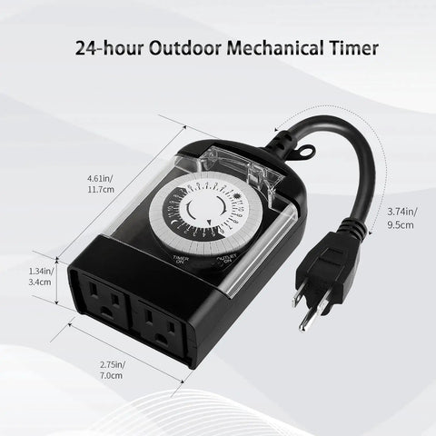 Top Shelf 24 Hour Mechanical Outdoor Timer Outlet 2 Pack with dimensions displayed, black finish for garden and pool use.