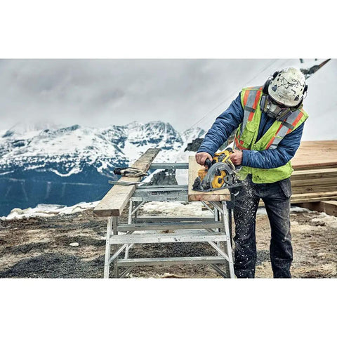 Worker using 60V Max Cordless Circular Saw For Framing 7 1 Quarter Inch Left Blade Tool Only With Electronic Brake Quick Stop outdoors