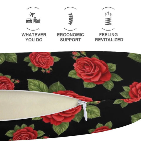 Cozy Memory Foam U Shaped Travel Neck Pillow With Soft Polyester Cover Hidden Zipper Floral Red Rose Design close-up