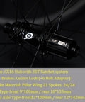 Close-up of Gravel Carbon Wheelset hub with 36T ratchet, Center Lock disc brakes, and 6 bolt adaptor, pro grade for mixed terrain.