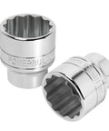 Two chrome vanadium 3/4 Inch Drive 46mm Socket With 12 Point Thin Wall Hex, mirror polished, showcasing the Z Drive Hex for grip.
