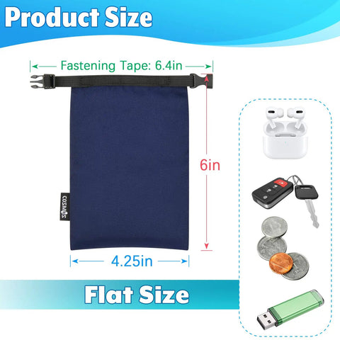 Three Pack Waterproof Dry Bags Set for Outdoor Adventures showing dimensions and items it can hold.
