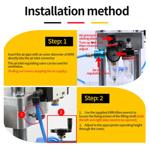 Installation method steps for Heavy Duty Pneumatic Vial Crimper Machine, showing air inlet and adjustment details.