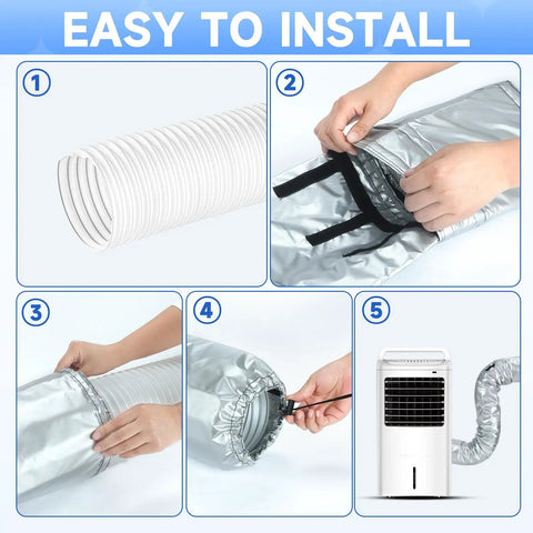 Portable AC Hose Insulation Sleeve For 5 In To 5.9 In Exhaust Hoses shown in easy install steps with triple layer heat insulation.