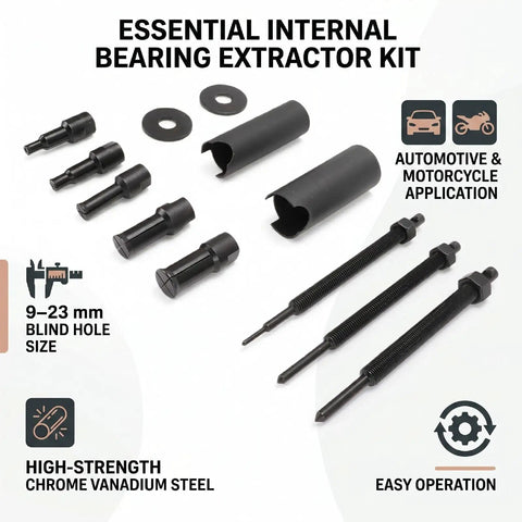 Thinking Process: internal bearing extractor kit, 9-23 mm blind hole sizes, chrome vanadium steel tools