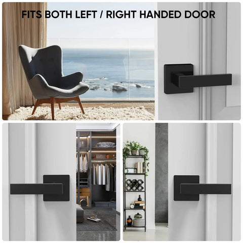 Heavy Duty Reversible Square Dummy Door Lever For Indoor Use Ideal For Bedroom And Closet Rear Mount Matte Black Finish 2 Pack Premium Zinc Alloy Construction shown in modern interiors.