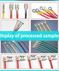 Display of processed wire terminal samples showcasing various types and colors for Professional Grade Built Tough Electric Cold Press Terminal Machine With Quick Swap Dies For Hella Accurate Insulated Wire Terminals Smooth Horizontal Bench Setup.