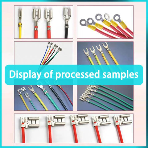 Display of processed wire terminal samples showcasing various types and colors for Professional Grade Built Tough Electric Cold Press Terminal Machine With Quick Swap Dies For Hella Accurate Insulated Wire Terminals Smooth Horizontal Bench Setup.