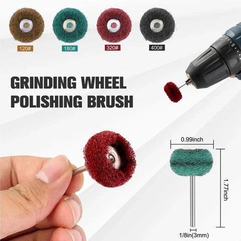 Go To Mini Drill Abrasive Buffing Kit with Nylon Fiber Polishing Wheels displayed in various grit levels and sizes