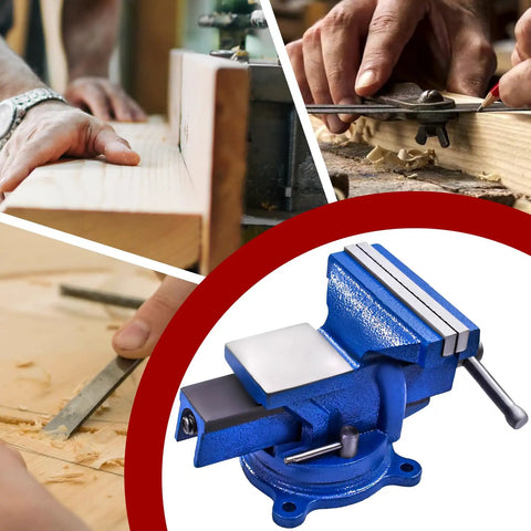 Collage of Beefy Heavy Duty 5 Inch Bench Vise With Anvil And 360 Degree Swivel Locking Base Tabletop Clamp in use and close-up.