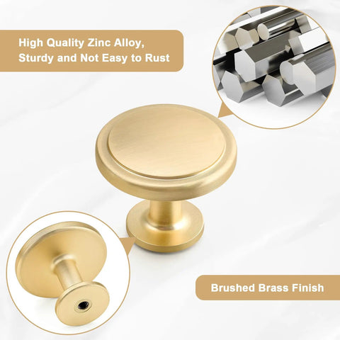 Brushed Gold Cabinet Knobs 2 Pack 1-1/4 Inch Round Zinc Alloy Hardware For Cabinets And Drawers with cross-section view