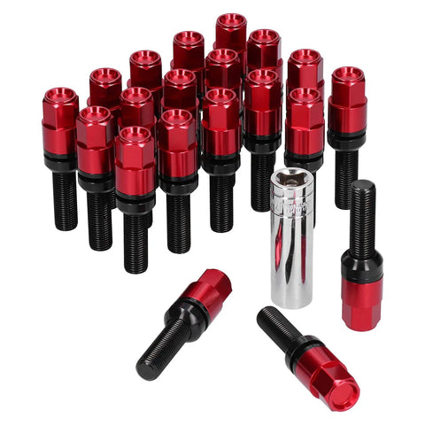 Rock Out With These 21 PC Extended Lug Kit Nuts Featuring M14x15 Thread Fitment For Serious Auto Mods and Style Upgrades That Slam Your Ride Down Low With Maximum Grip And Durability On The Block. 21 red forged steel lug nuts with black threads