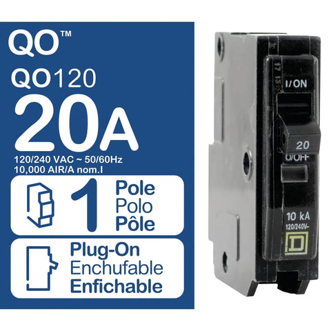QO120 20 Amp Circuit Breaker Pack Ten Units 1 Pole 120 Volt UL Listed 10kA AIR Plug In Standard Type front view