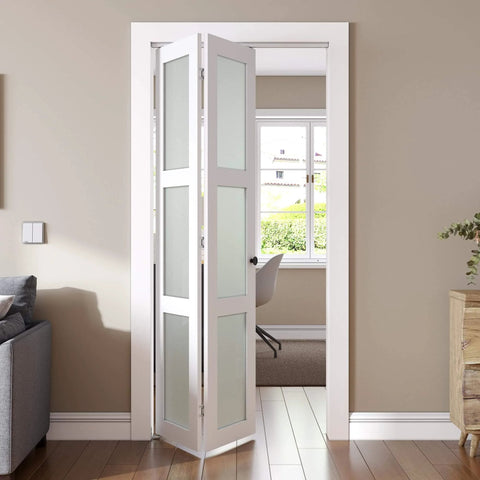 Bifold Door for 28 by 80 Opening With Tempered Frosted Glass in White Finish, Waterproof PVC Surface, Easy Install Hardware Kit Included